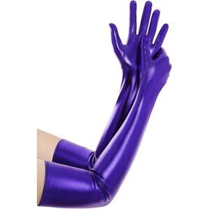 Women's Shiny Blue Metallic Wet Look Gloves Elbow Length Halloween Costumes